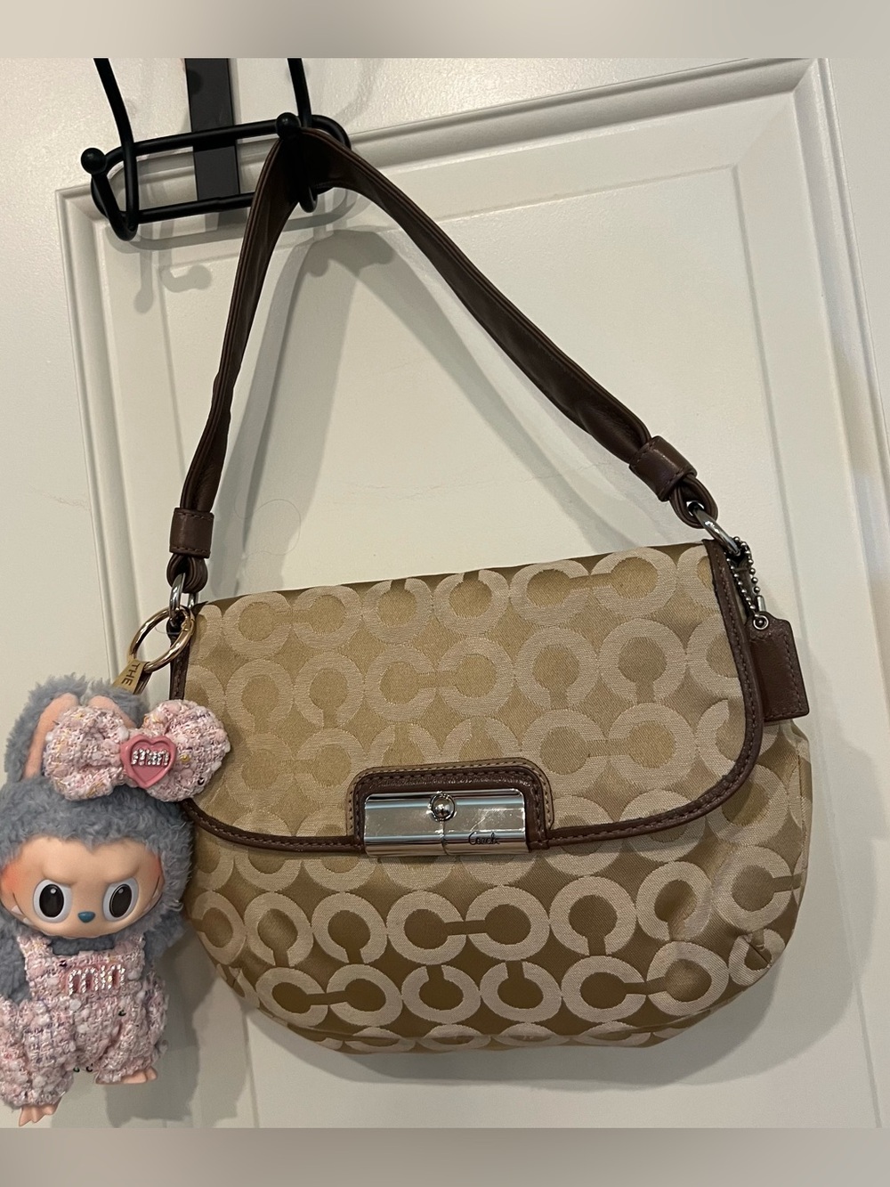 Mini Coach Kristin Op Art C signature canvas tan and brown shoulder bag